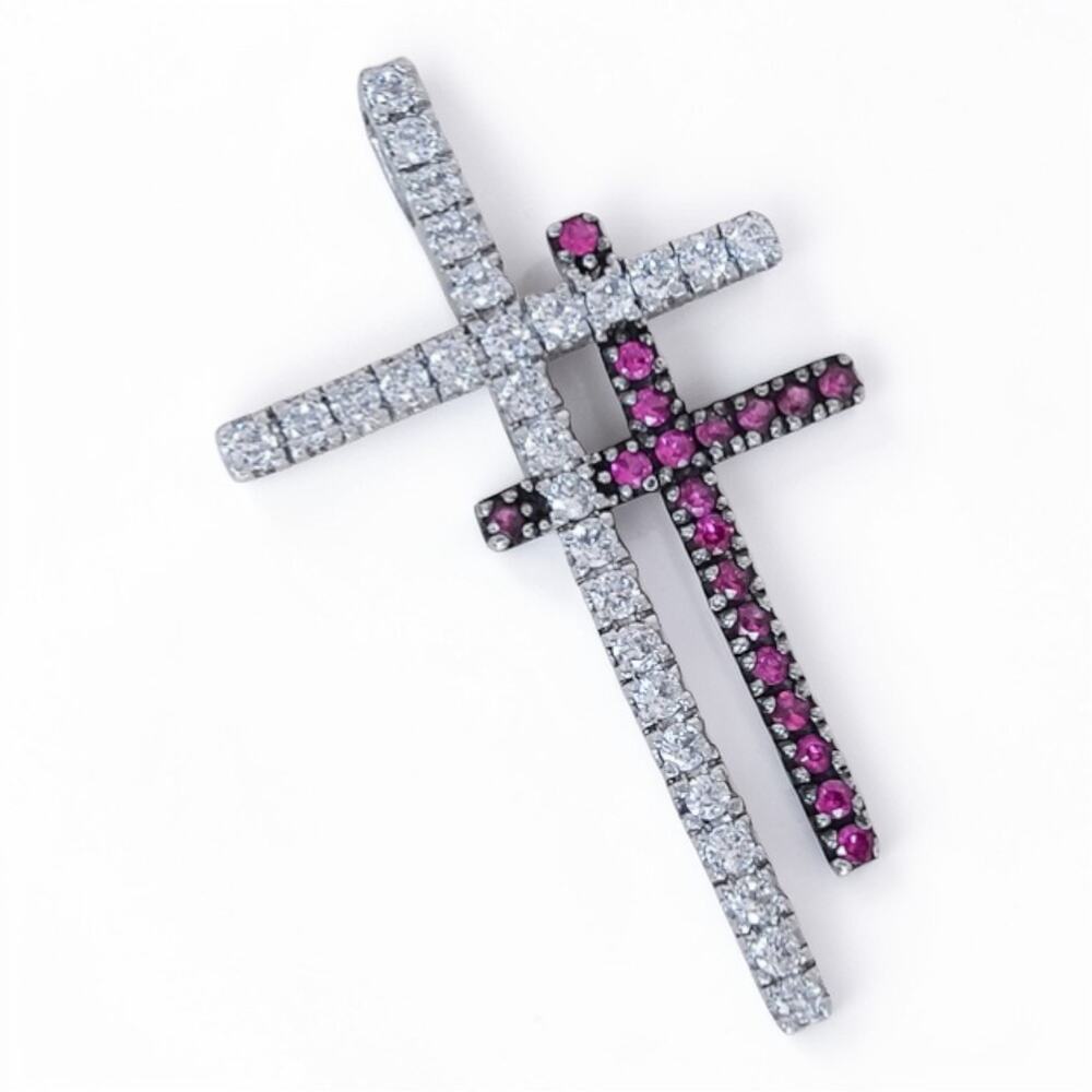 Vintage 925 Sterling Silver Interlocking Double Cross Pendant CZ Ruby Prong Set